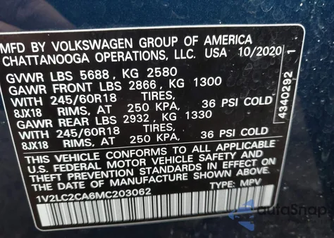 2021 Volkswagen Atlas Cross Sport 2.0T Se z USA, uszkodzony, nr VIN 1V2LC2CA6MC203062
